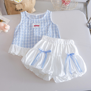 女童小清新套装2025夏季新款洋气公主风背心花蝴蝶结苞裙裤两件套