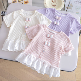 26新款 裙式 夏季 甜美半袖 花边上衣3 女宝宝纯棉T恤韩版 女童洋气短袖