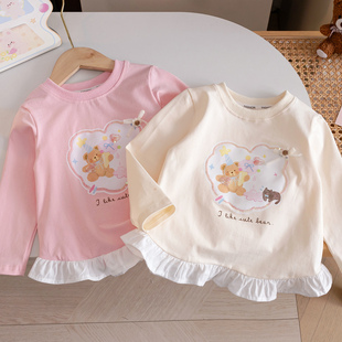 卡通小熊印花打底衫 新款 女宝拼接下摆洋气上衣3 T恤25秋款 女童长袖