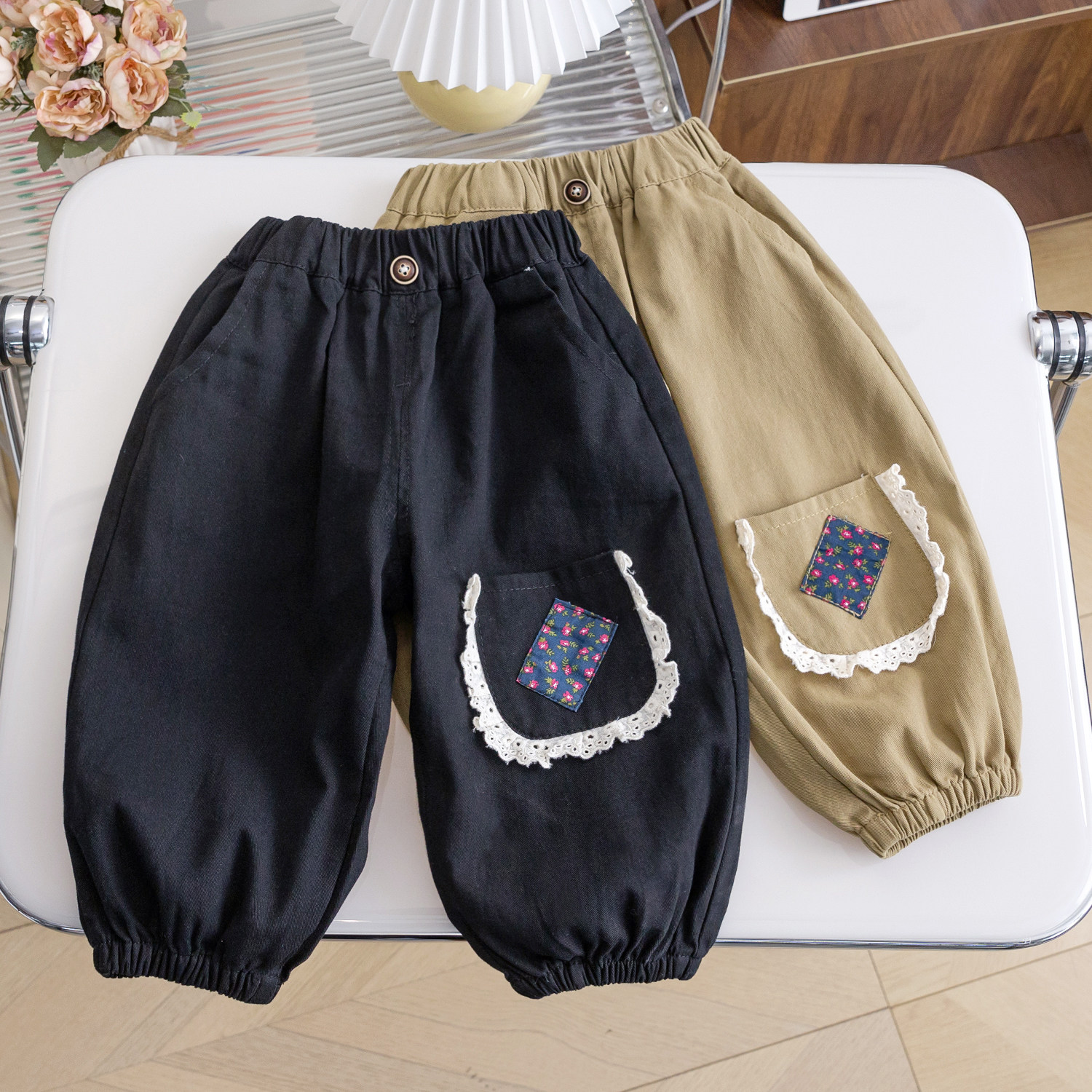 女童休闲裤春秋新款外穿儿童韩版花边卫裤女宝宝洋气潮流束脚裤子