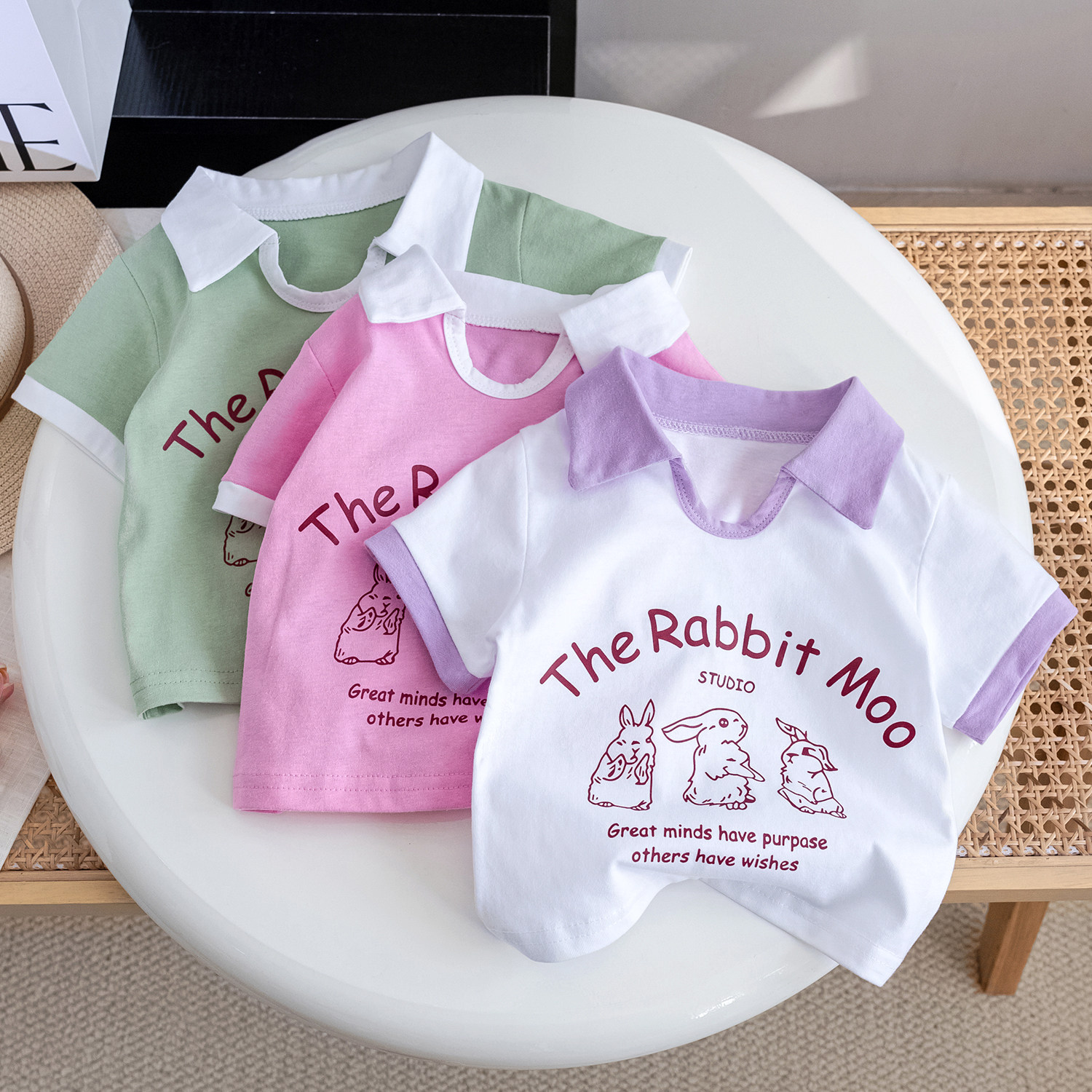 女童糖果色短袖卡通小兔子T恤25夏款新款翻领女宝甜美撞色童装潮3