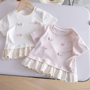 韩版 女宝甜美可爱风纯棉短袖 时尚 夏季 T恤女童卡通花边上衣3 26新款