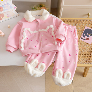 女童休闲加绒套装25冬季新款女宝宝可爱外套洋气卫裤保暖两件套潮