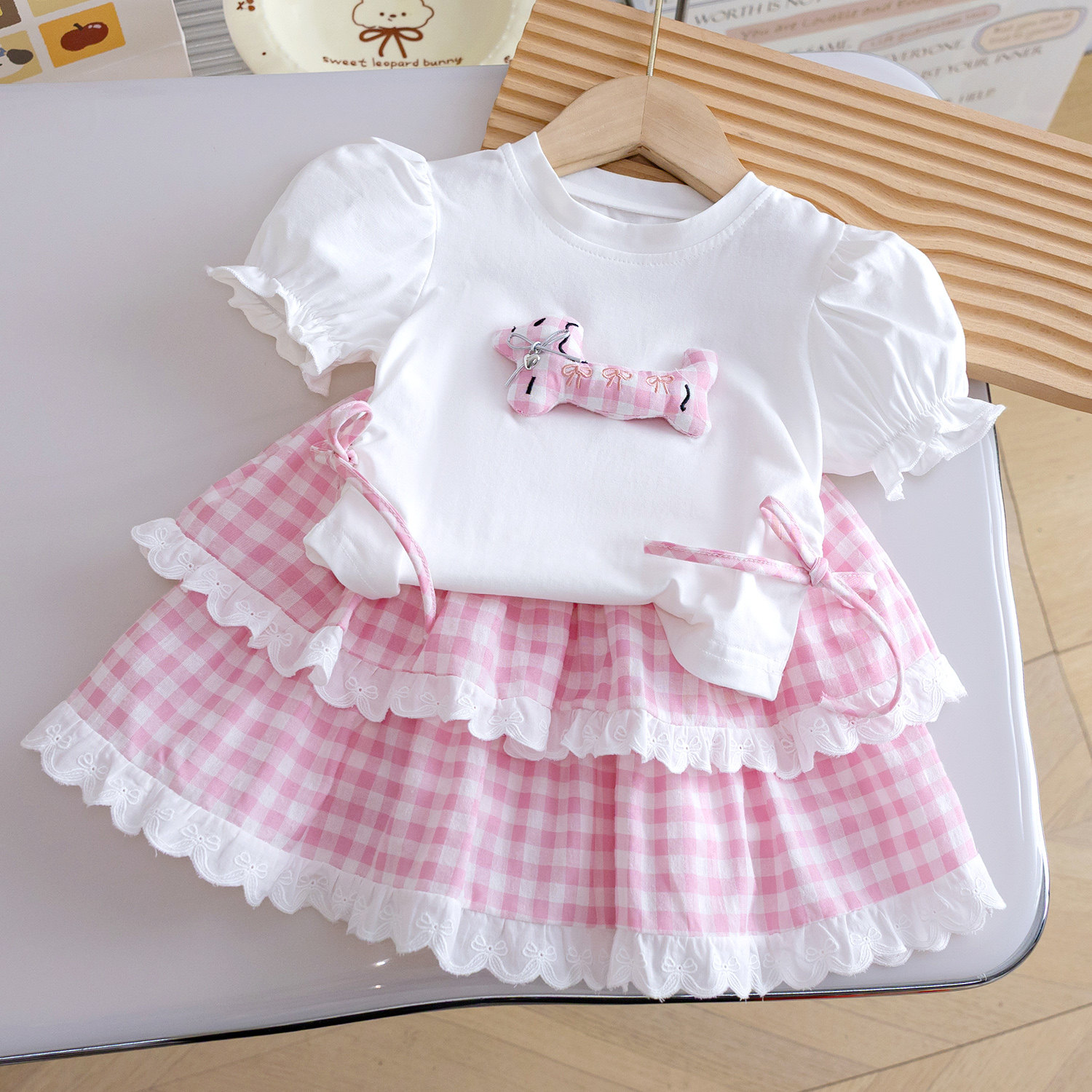 女童可爱甜美套装26夏季新款女宝宝韩版短袖格子公主蛋糕裙两件套
