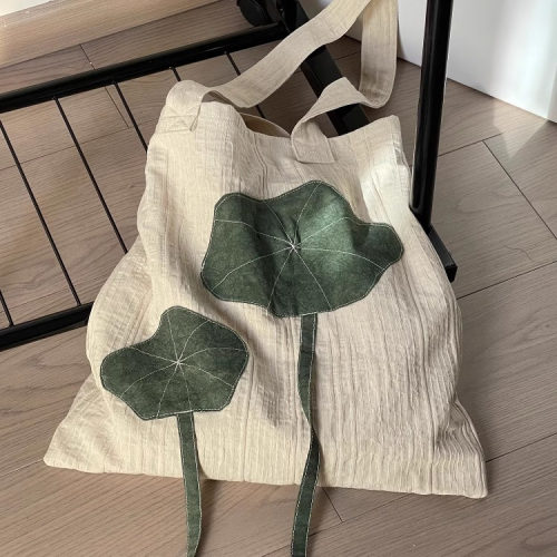 春夏复古棉麻单肩包 新中式小众设计日常休闲便携式荷叶花大布袋
