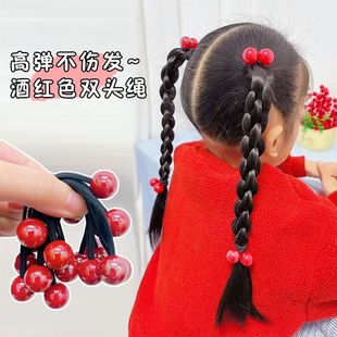 女童洋气简约新年红双球绕绕皮筋高马尾高弹发绳四股圆辫发圈头绳
