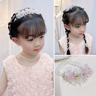 儿童精致公主花朵珠珠飘带花环编发丝带生日舞台气质重工编织发带