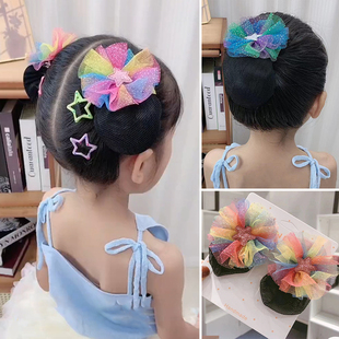 夏季清凉儿童丸子头网兜发夹女童懒人盘发神器收碎发网纱星星发网