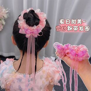 女童清新丸子头盘发器森系雪纱蝴蝶飘带发圈儿童清爽双丸子头发饰