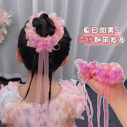 女童清新丸子头盘发器森系雪纱蝴蝶飘带发圈儿童清爽双丸子头发饰