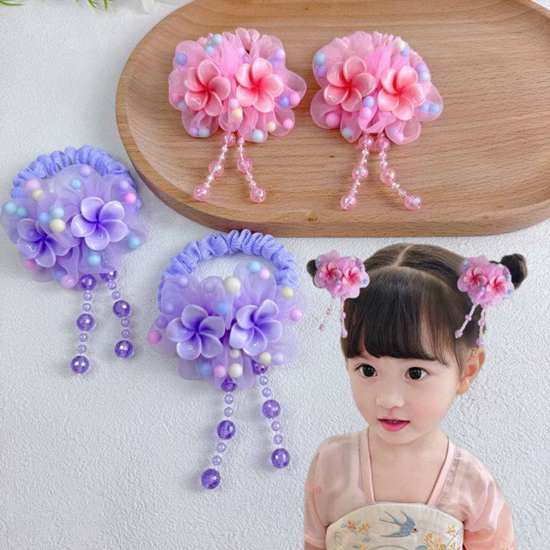女童春夏小清新彩珠链球球雪纱花小肠发圈可爱丸子头花花流苏发绳