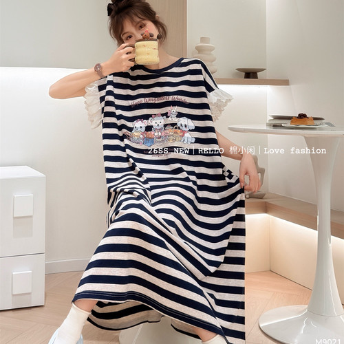 可爱小熊条纹花边纯棉睡裙女夏