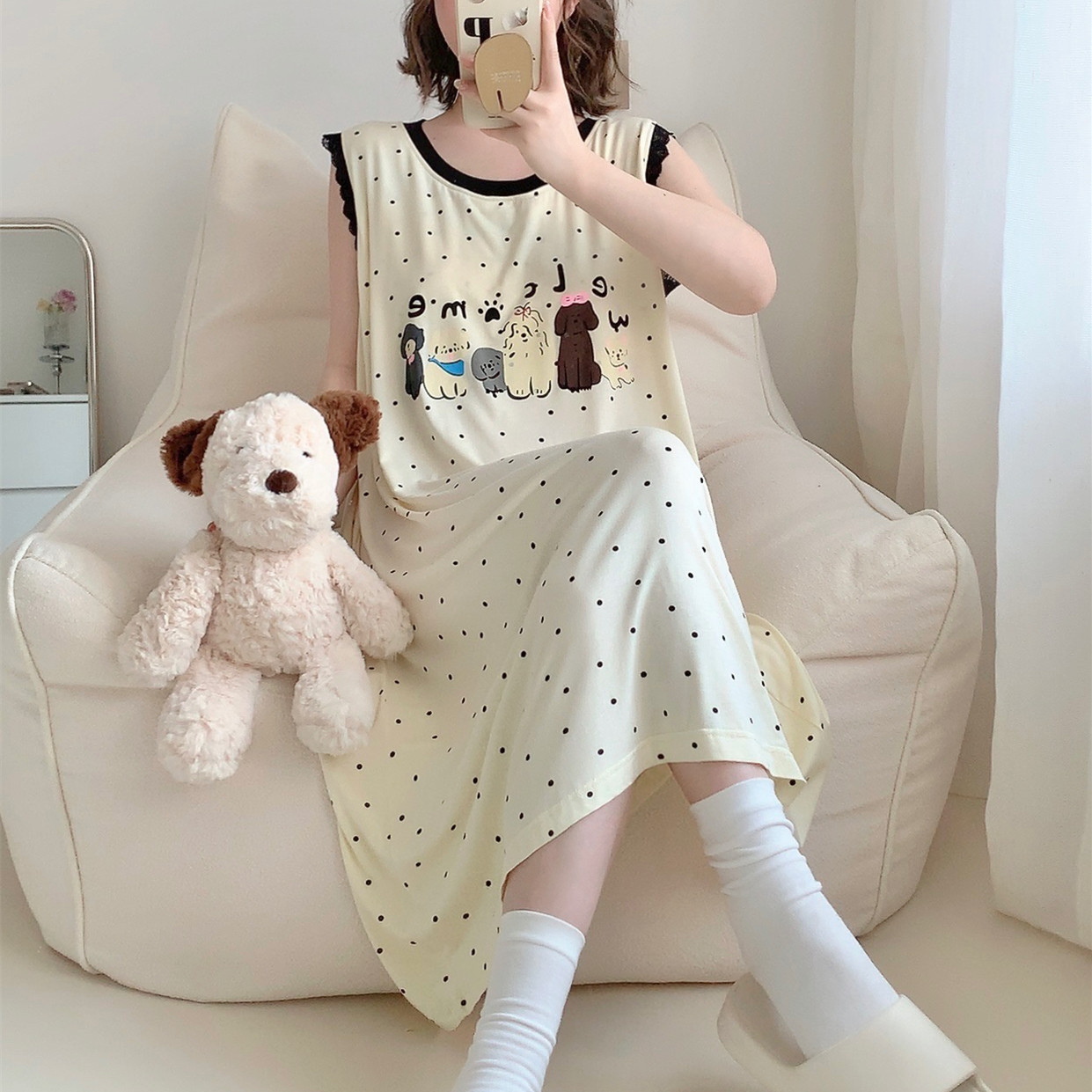 可爱狗狗莫代尔长款睡裙女夏薄款带胸垫宽松甜美胖mm睡衣家居服