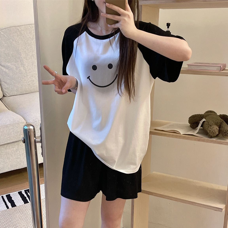 卡通可爱笑脸纯棉短袖短裤睡衣套装女夏季薄款宽松可外穿家居服