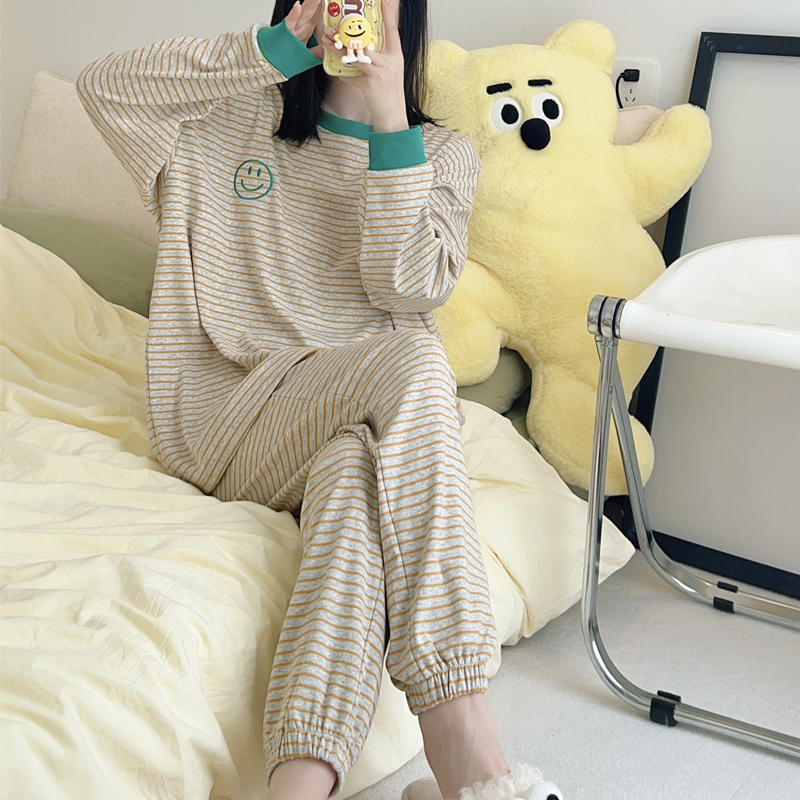 女纯棉笑脸条纹睡衣长袖套装秋