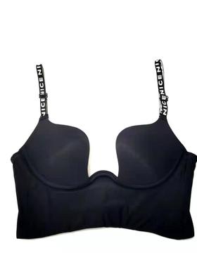 60657075ABCDE小围城黑色字母肩带光面深V美背婚纱小底围文胸套装