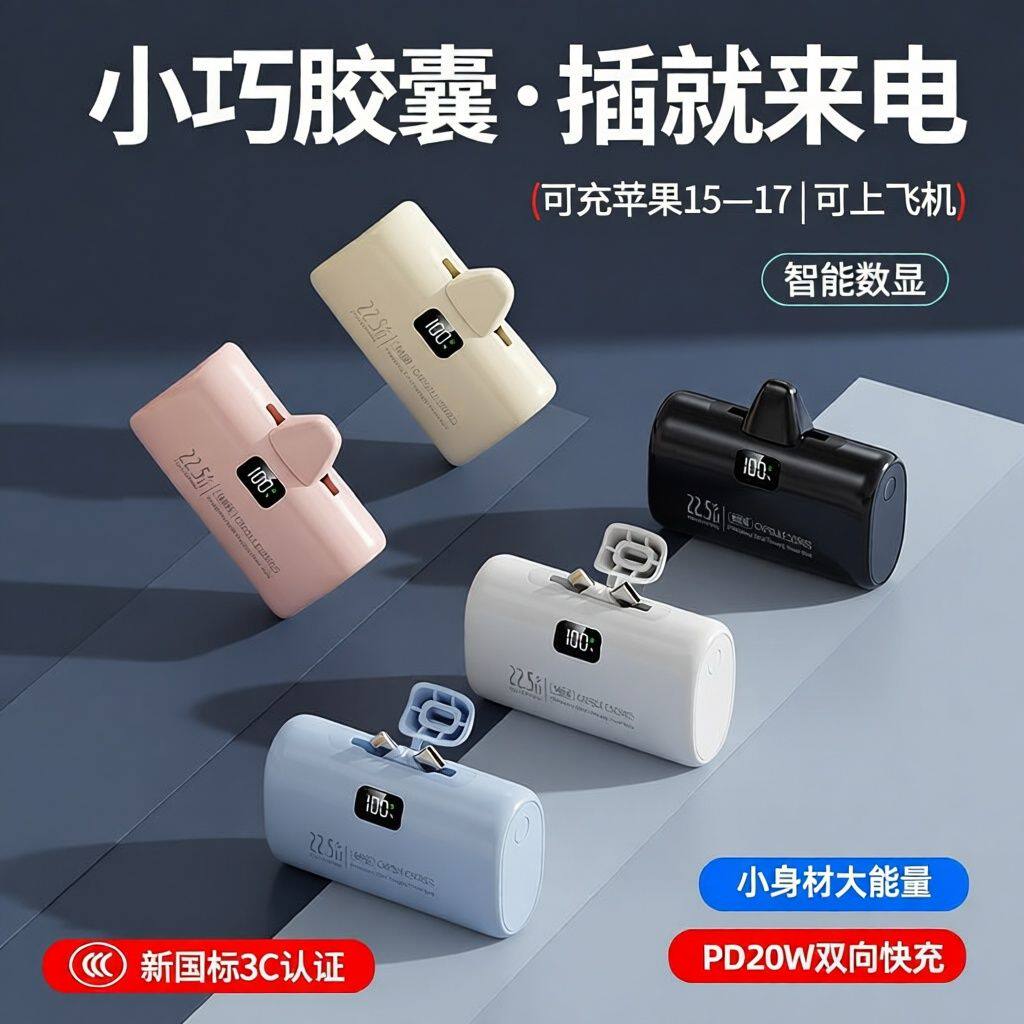 3C认证直插胶囊充电宝迷你自带线电源小巧便携适用苹果华为安卓轻