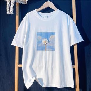 2025夏季 上衣 日常宽松文艺复古白色小花朵纯棉气质短袖 t恤女半袖