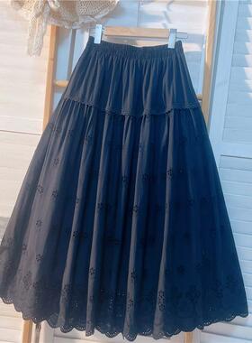 半身裙女气质刺绣花边棉麻长款a字大摆裙黑色伞裙显瘦春夏季85cm