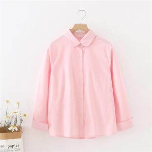 淡粉色学院风经典 2026春夏季 娃娃领长袖 衬衫 棉质外穿 内搭上衣女装