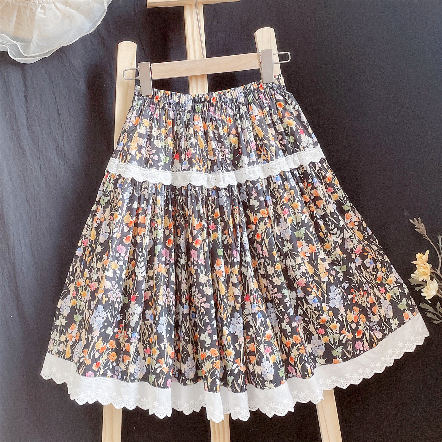 花与竹自制春夏新款半身裙女碎花蕾丝花边拼接百褶裙中短裙60cm棉