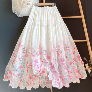 2026春夏复古森林系柔软刺绣碎花松紧腰半身裙女a字伞超长裙90cm