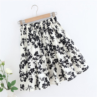 自制半身裙女夏天短裙女高腰棉气质温柔奶白碎花内衬a字裙小个子