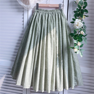 自制新款纯色军绿半身裙女提花剪花春夏季棉软舒适薄a字伞裙大摆