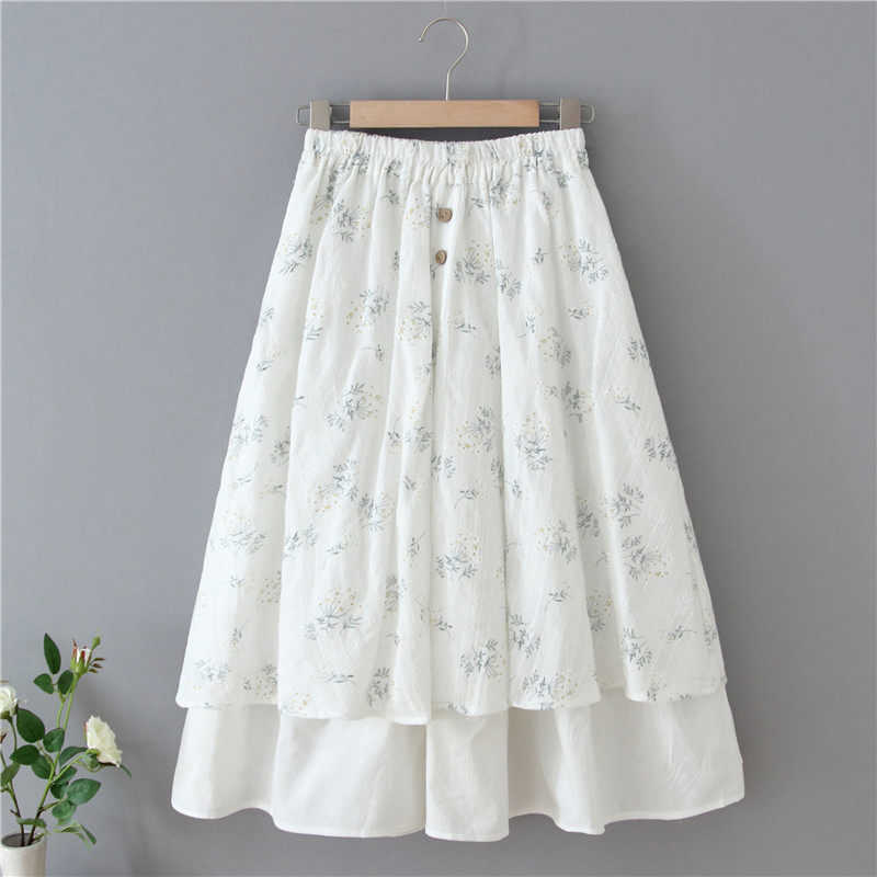 超仙森系拼接半身裙棉麻半裙子