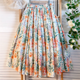 长裙印花独家定制 碎花半身裙女大摆A字裙棉质柔软薄款 春夏季 新品