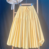 姜黄色纯棉布半身裙女2026早春夏季 荷叶高腰显瘦遮胯a字中长裙子