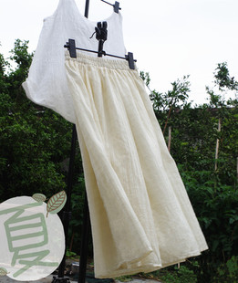 2025春夏款 夏中长裙文艺森女小清新可爱米白百搭裙子 棉麻中长裙