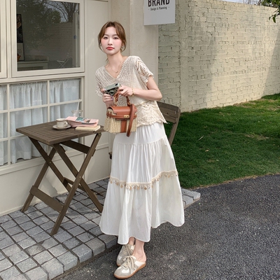 米白色度假风镂空罩衫连衣裙套装女2025夏季温柔减龄吊带裙两件套