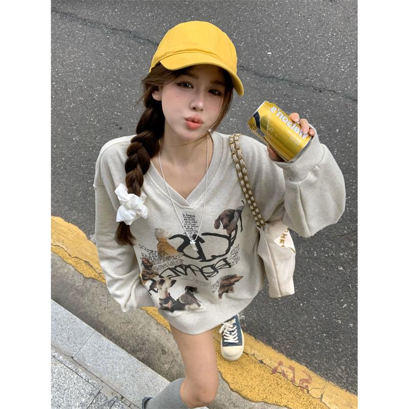 通勤宽松慵懒风小狗印花白灰色卫衣女春秋薄款中长款长袖套头上衣
