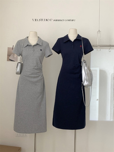 夏季新款纯棉短袖T恤连衣裙女POLO领修身显瘦褶皱休闲包臀短裙ins