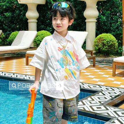 【泳池派对彩色斜襟白衬衫】男童夏季新款韩风痞帅宽松短袖印花衬