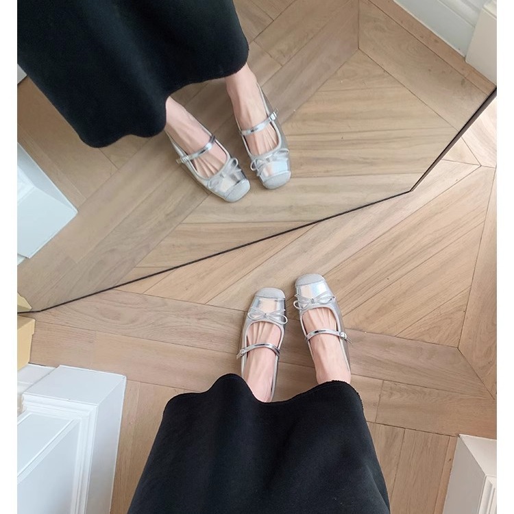 葡萄妈同款法式内增高减龄蝴蝶结一字芭蕾半拖凉鞋真皮女单鞋