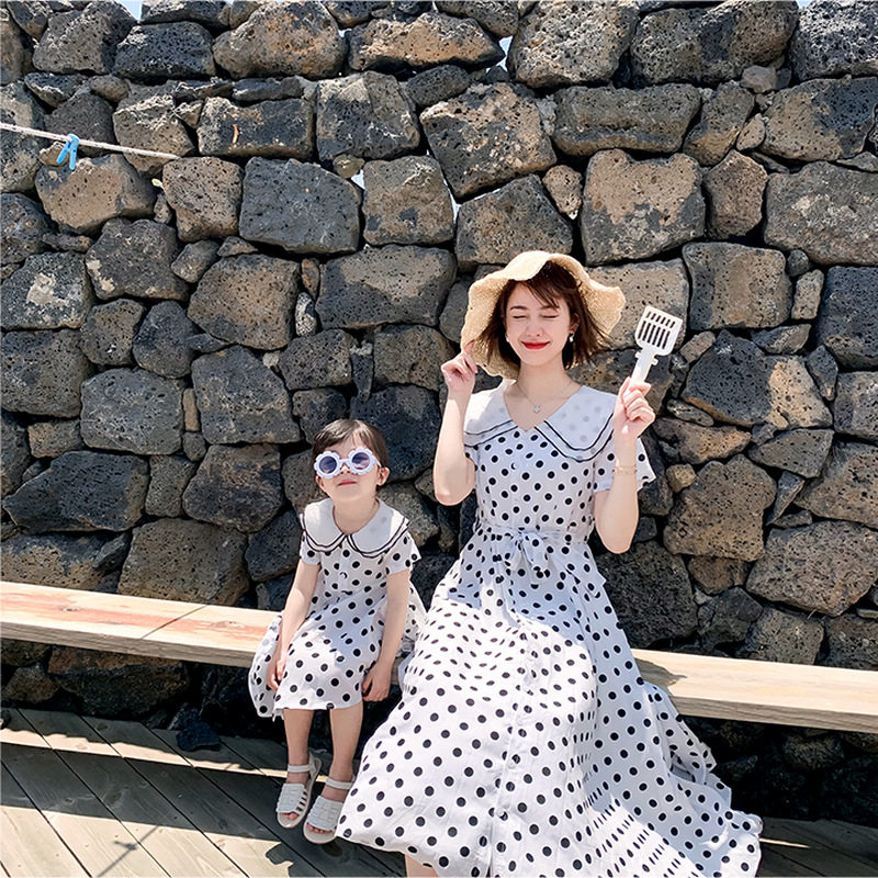 2025夏亲子装母女波点双层翻领连衣裙纯棉娃娃领圆点单排扣公主裙