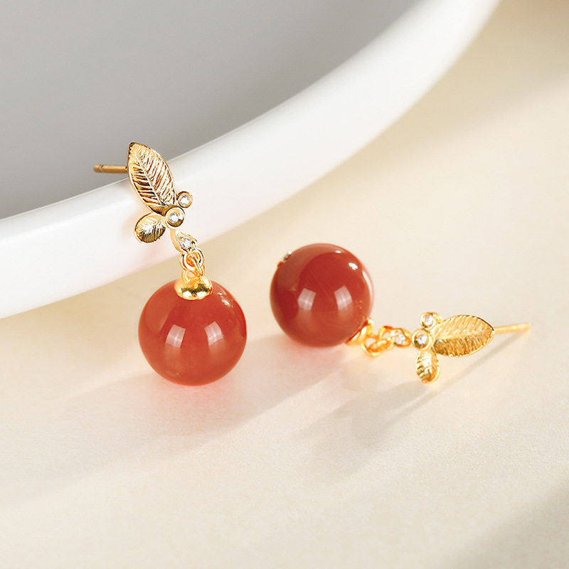 S925纯银镶嵌南红玛瑙圆珠一叶子清新小可爱女生耳饰品耳坠