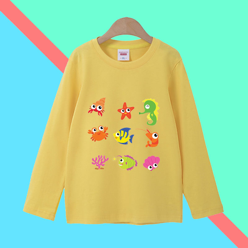 鲨鱼图案儿童长袖T恤秋海洋动物世界龙虾章鱼螃蟹男童纯棉上衣薄