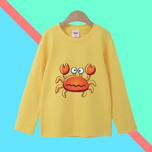 男女童卡通螃蟹图案红色长袖t恤秋季中大童纯棉圆领宽松百搭上衣