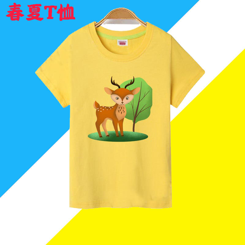 小鹿动物图案男女短袖儿童装纯棉T恤衫活动衣服春夏季新款亲子装