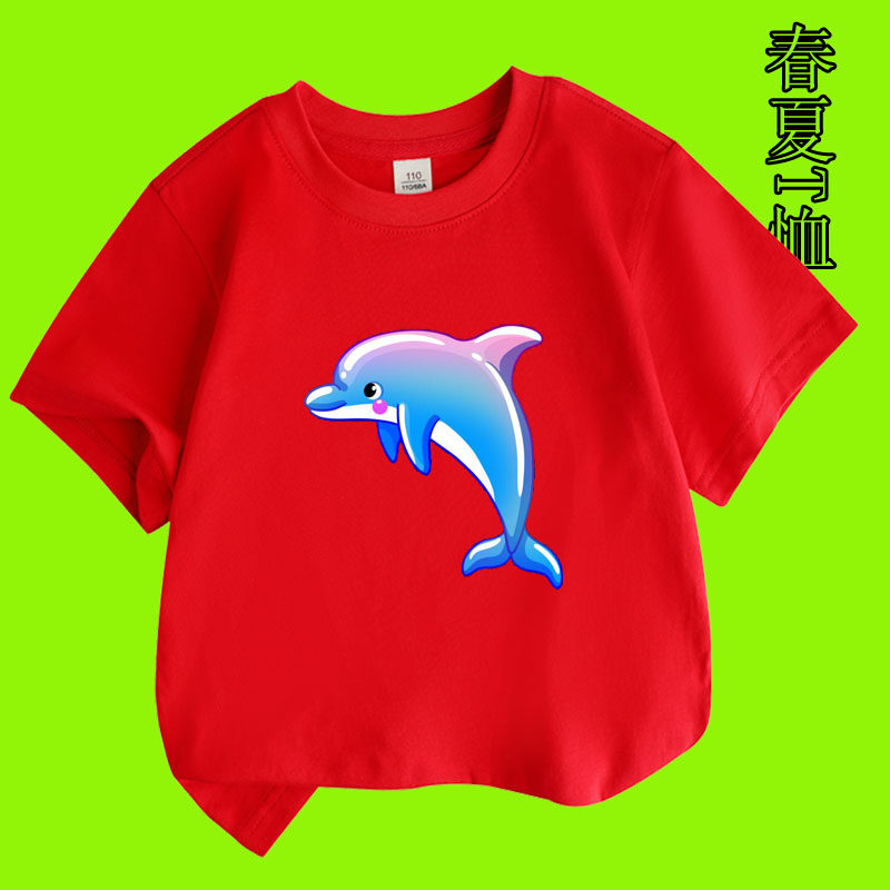 2026新款夏季卡通海豚图案纯棉短袖T恤男女童圆领宽松休闲风上衣