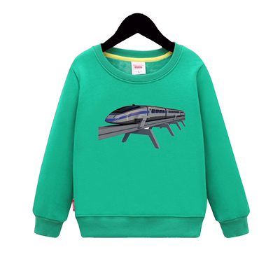 幼儿园秋冬高铁小火车图案加绒绿色卫衣动车儿童装男女孩上衣8岁