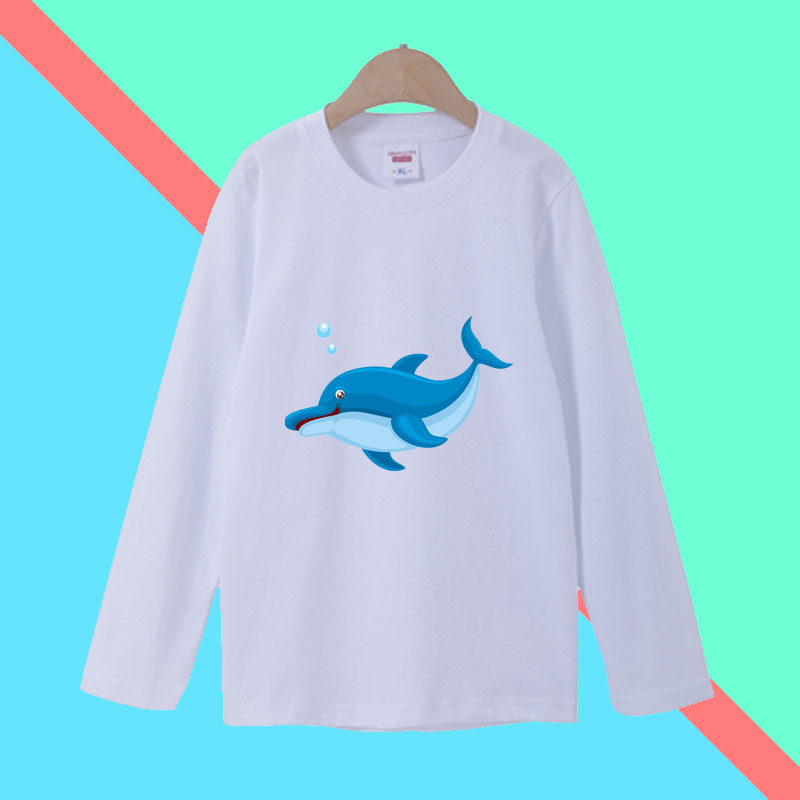 亲子t恤 女孩纯棉春秋白色长袖儿童装男宝宝海豚海洋动物图案衣服