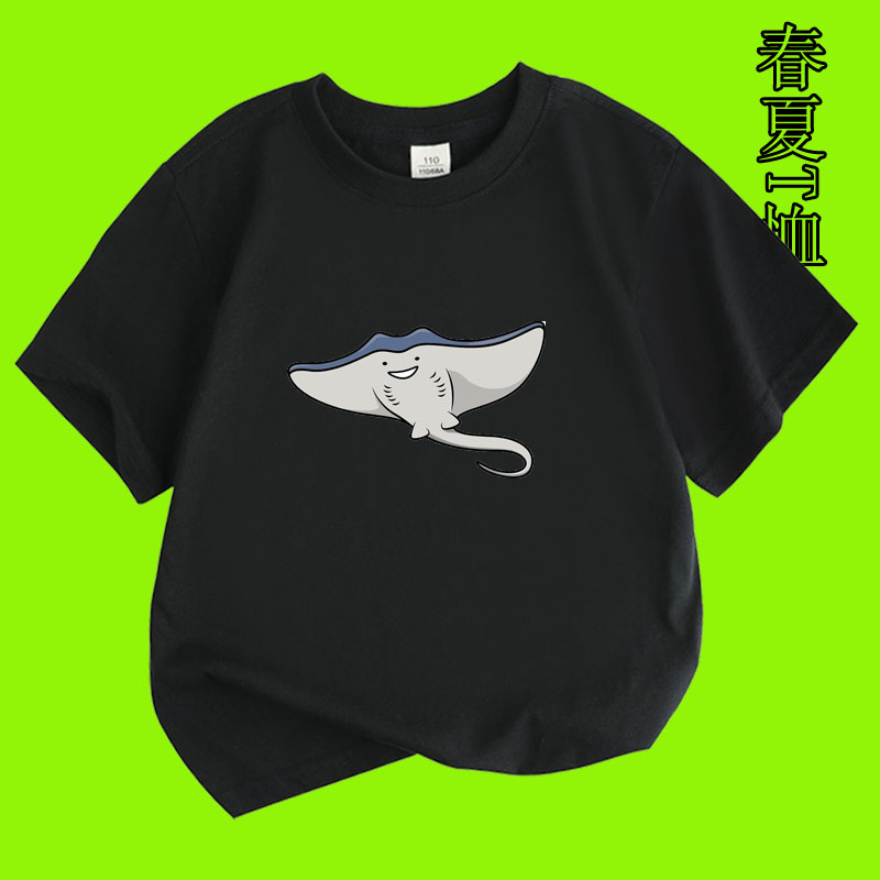 海豚海龟魔鬼鱼鲨鱼海洋动物科普图案短袖男女儿童夏季可爱T恤衫