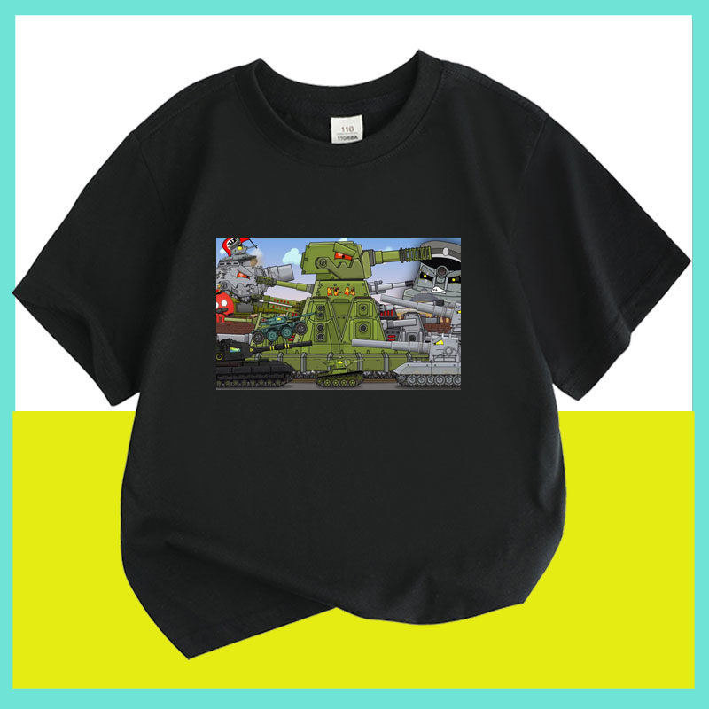 卡通坦克2图案儿童装短袖男童纯棉T恤女童夏天小中大童圆领上衣服