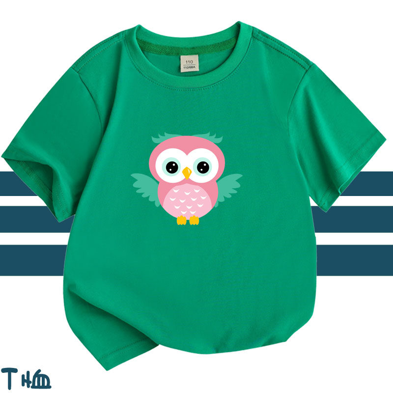 卡通猫头鹰图案儿童装短袖T恤男孩青少年女中大童上衣服3456789岁