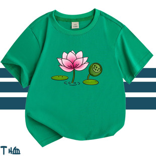 荷花图案男孩儿童短袖T恤女童装大中小童纯棉夏天衣服宝宝打底衫