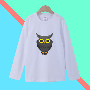 猫头鹰图案秋季纯棉白色男女上衣学生表演服儿童装亲子装长袖T恤
